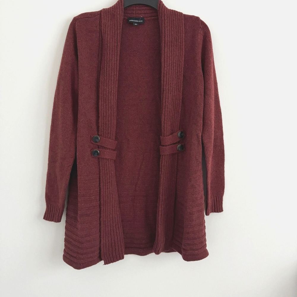 Fortune + Ivy Cardigan Shawl Collar Women Medium Burgundy Side Button Tab NWOT
